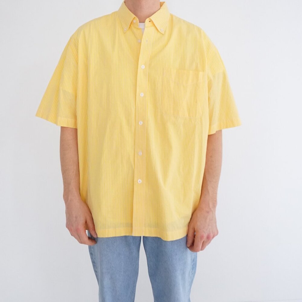 Alan Flusser Yellow White Stripe Button Down Cotton Shirt Short Sleeve XL